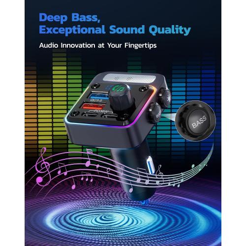 Nulaxy 54W Bluetooth 5.3 Car Adapter, FM Transmitter 4-Port Fast Charging | Wireless FM Radio Music Player with Deep Bass, 5 Colors LED Backlit, Hands-Free Calling, PD&QC Car Charger Support USB Drive