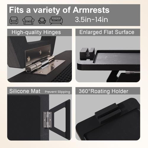 Couch Arm Tray with 360°Phone,Bamboo Folding Sofa Tray,Sofa Armrest Trays Clip-On Couch Desk for Drinks,Snacks,Phone,Remote Control（Black）