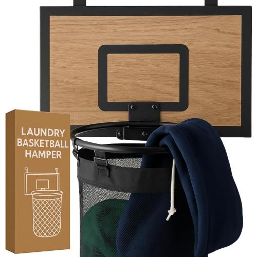 ActiveJoy – Basketball Laundry Hamper – Wooden Backboard & Mesh Hoop Laundry Basket – Over Door Hanging Organizer for Kids - Cedarwood Brown