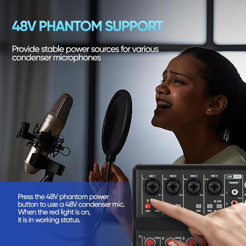 6 Channel Audio Mixer, Sound Board Mixing Console Audio Interface Digital USB Bluetooth Reverb Effect, Input 48V Phantom Power Stereo DJ Studio Mixer for PC Recording FX 16-Bit DSP Processor