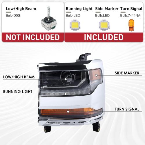 Chrome HID/Xenon LED DRL Projector Headlight Assembly Compatible with 2016-2018 Chevy Silverado 1500/2019 Silverado 1500 LD Driver&Passenger Side 84388631 84388723