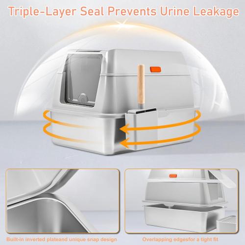 Stainless Steel Litter Box with Lid, Covered XL Extra Large Cat Litter Box Enclosure, Metal Kitty Litter Boxes with High Sided, Litter Scoop and Filter Pedal, Anti-Leakage, Non-Stick, Easy to Clean