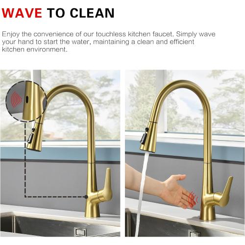 sumerain Touchless Pull Down Kitchen Faucet Brushed Gold Hands-Free Motion Sensor Kitchen Sink Faucet Single Handle