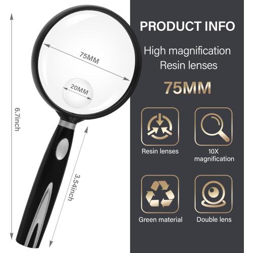 Feosky Handheld Reading Magnifier, 10X Magnifier, 75mm Shatterproof Lens, Non-Slip Handle for Adults Close Work, Seniors Reading and Nature Exploration, Hobby Observation(Silver)