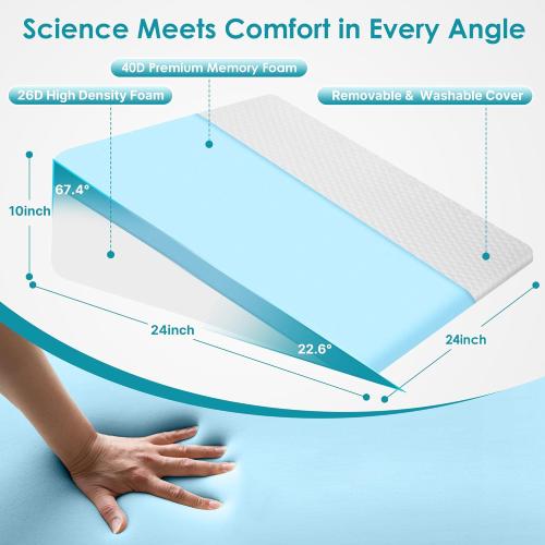 Sleeping Bed Wedge Pillow for Adults Seniors, 10 inch Cooling Memory Foam Incline Pillow Wedge for Head, Neck & Back Support and Leg Elevation, Removable Washable Cover, White