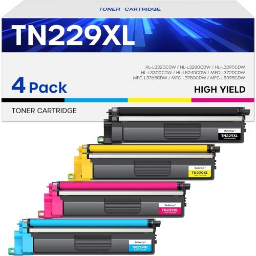 Compatible TN229XL Toner Cartridges High Yield Replacement for Brother TN229XL TN 229XL for MFC-L3780CDW MFC-L3720CDW HL-L3280CDW HL-L3220CDW HL-L3300CDW HL-L3295CDW Printers (4 Pack, B/C/M/Y)