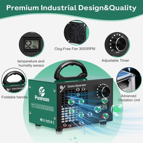 Ozone Generator & Ozone Odor Eliminator 60,000mg/h, Industrial & Home Ozone Machine with Temp/Humidity Display, Removing Odors for Rooms, Smoke, Cars, Pets, Basements, Farms(Green)