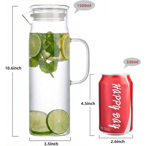hjn Glass Pitcher with Lid Glass Water Carafe with Handle, Fridge Water Jug Cold or Hot Beverages, Iced Tea, Milk, Juice 1500ml/51oz & glass lid