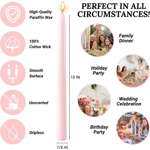 10 Inch Pale-Pink Taper Candles for Home Decoration, 10 Pack Unscented Candlesticks for Dinner Wedding Party, Smokeless and Dripless Candle Sticks