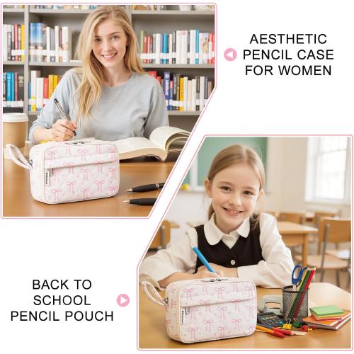 Quilted Pencil Pouch for Girls Women, Large Pencil Case Pouch with Compartments Cute Aesthetic Pencil Case Organizer, Floral Pencil Bag for School Supplies (Pink Bow)