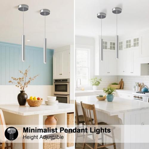 2 Pack Chrome Cylinder Pendant Lights for Kitchen Island, Modern 3W LED | 3000K warm integrated LEDs in slim 15.7 x 1.2 in chrome tubes; 59 in adjustable cords suit dining tables, bars and bedrooms