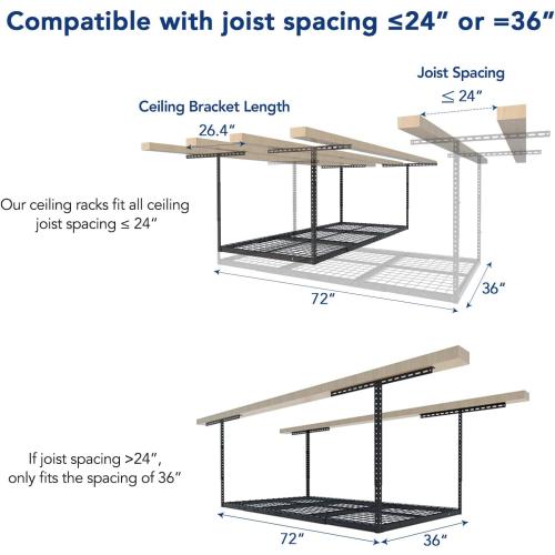 FLEXIMOUNTS 3x6 Overhead Garage Storage Adjustable Ceiling Rack 72 Length x 36 Width x 40 Height, 450lbs Weight Capacity, Black, Classic Series