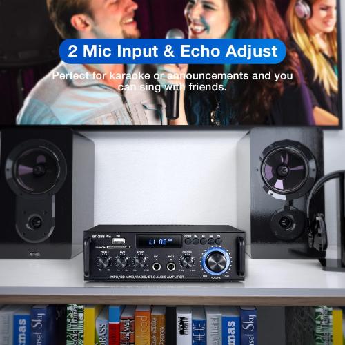 298Pro Stereo Audio Amplifier, Max 400W Home 2 Channel Bluetooth 5.0 Wireless Power Amplifier, HiFi Sound Home Theater Audio System Home Stereo Receiver, MIC in w/Echo, Bass & Treble w/USB/RCA/FM