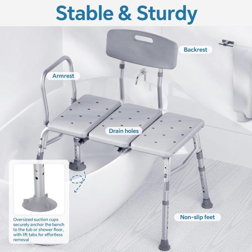 Tub Transfer Bench for Bathtub, 400 lbs Heavy Duty Shower Chair with Backrest, Slip-Resistant Feet, Height Adjustable Shower Bench Shower Seat for Elderly and Disabled