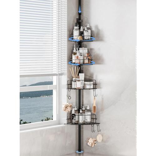 HOUSE AGAIN Corner Shower Caddy Tension Pole with Rotatable Shelves, 4 Ties Adjustable Shelves and 2 Hooks for Bathroom, Rustproof Shower Organizer and Storage, Pole Fit 43-114 Inch Height