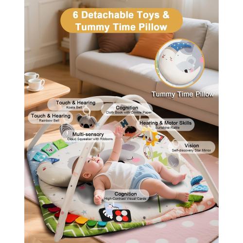 Baby Play Gym with 4 Developmental Zones – Tummy Time Mat & Activity Mat with 6 Sensory Toys, Visual Cards & Pillow – Baby Essentials & Ideal Gift for Newborns