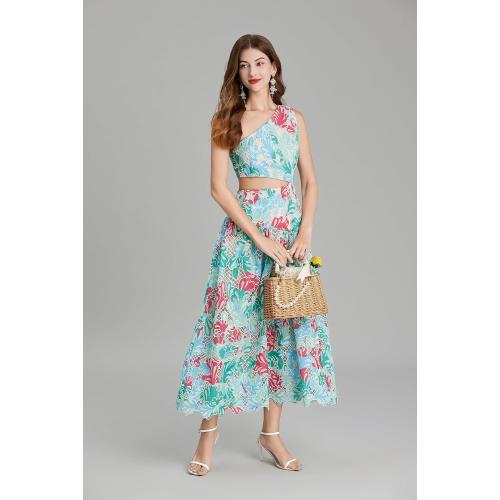 Size L/XLSunfere ..French Embroidery Cut-Out Print one-Shoulder, one-Waist Dress