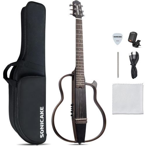 SONICAKE Acoustic Electric Travel Guitar, Portable Practice Guitar Kit, Solid Mahogany Body, Easy Assemble Frames, Multi Body-Shape Sim Rechargeable Preamp, Gig Bag, All Accessories QGT-01
