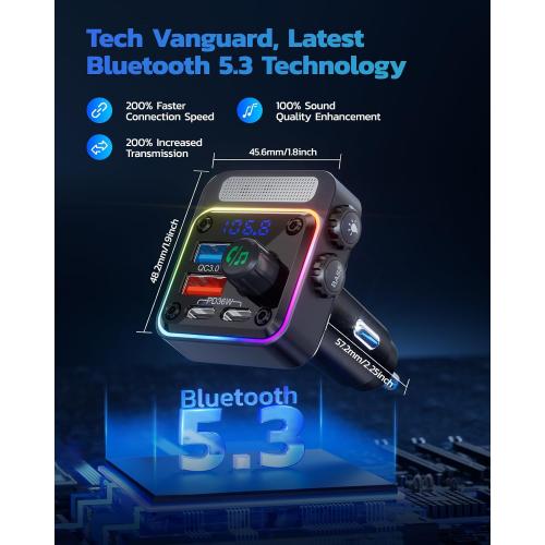 Nulaxy 54W Bluetooth 5.3 Car Adapter, FM Transmitter 4-Port Fast Charging | Wireless FM Radio Music Player with Deep Bass, 5 Colors LED Backlit, Hands-Free Calling, PD&QC Car Charger Support USB Drive