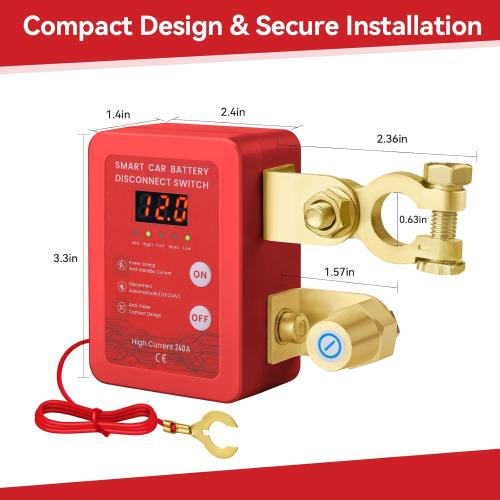 Kill Switch for Car - Remote Battery Disconnect Switch 12v, 240A, Upgrade Smart Voltage with LED Screen, Anti-Theft, Prevent Battery Drain (red)