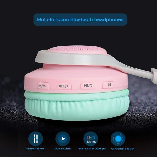 Riwbox WT-7S Bluetooth Headphones Light Up, Foldable Stero Wireless Headset with Microphone and Volume Control for PC/Tablet/TV/Travel (Pink Green)