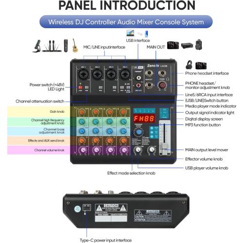 6 Channel Audio Mixer, Sound Board Mixing Console Audio Interface Digital USB Bluetooth Reverb Effect, Input 48V Phantom Power Stereo DJ Studio Mixer for PC Recording FX 16-Bit DSP Processor