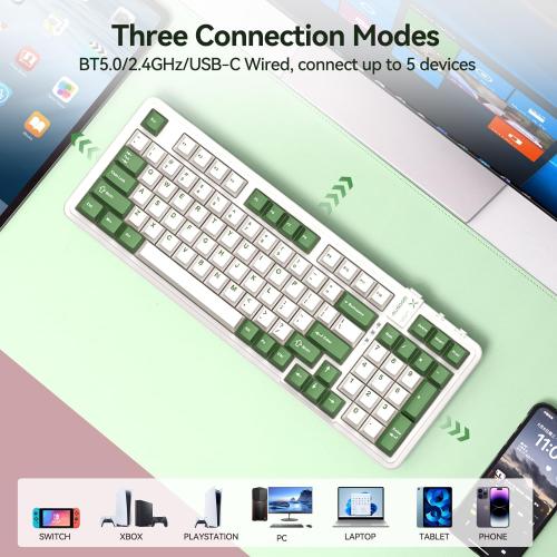 Green & White AUSDOM 98Pro Silent Mechanical Keyboard, Wireless Hot Swappable Gaming Keyboard with Backlit,Gasket Structure,Pre-lubed Tactile Switches,2.4GHz/Type-C/Bluetooth Custom Keyboards (Green & White-Silent)