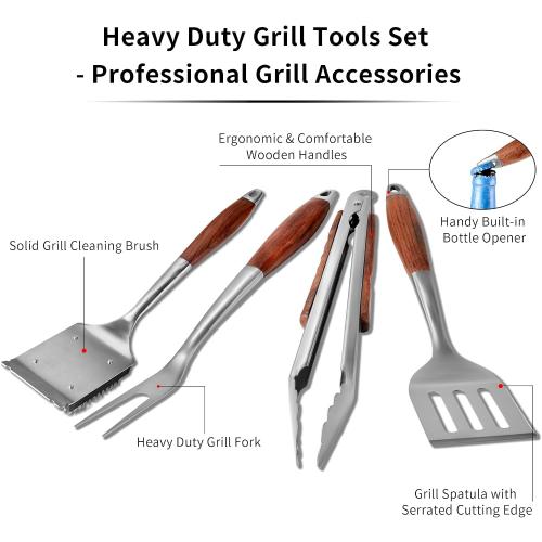 FJNATINH Heavy-Duty Grilling Accessories Rose Wooden BBQ Grilling Tools Set,Outdoor Grill Set with Spatula, Fork, Brush & Tongs,Essential Accessories for Barbecue & Grill. Ideal Gift for Men