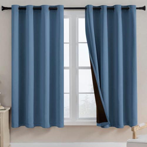 Rutterllow 52x45 inch Double Layer Short Full Shading Blackout-Curtains for Living Room, Silver Grommet Solid Portable Privacy Window Treatment Drapes for Bedroom (Stone Blue, 2 Panels)