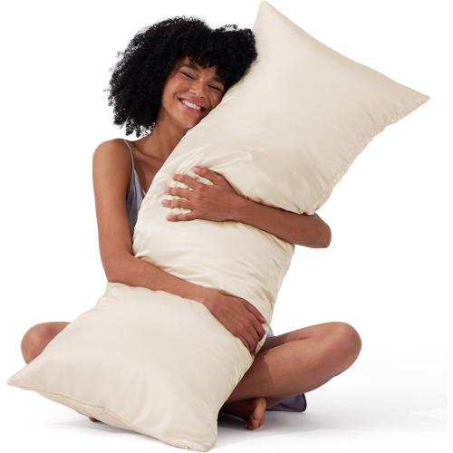 Bedsure Satin Body Pillow Cover with Zipper, Similar to Silk Body Pillow Pillowcase, Soft & Breathable Long Pillow Case, Cooling & Silky Long Pillowcase for Hair and Skin, Gifts, Beige, 20x54 Inches