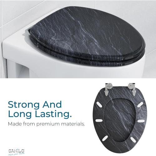 SANILO Wooden Toilet Seat with Soft Close [ELONGATED] - Decorative, Quiet & Slow Close Molded Wood Seat - With Strong Bumpers & Hinges - Adjustable Fit - Granite