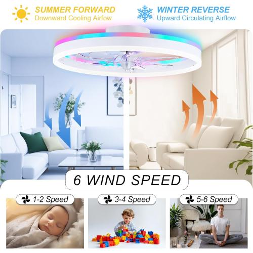Size 20 Color White RGB Ceiling Fans with Lights, 20 Fandelier Low Profile Ceiling Fan with Light, Modern Flush Mount Ceiling Fan Light with Remote/APP Control, Bedroom Chandelier Fan Fixture for Indoor(White)