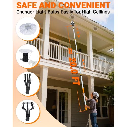 Light Bulb Changer Pole Kit 3 FT to 20 FT Telescoping Extension Pole with 2 Baskets and Suction Cup for High Ceilings and Recessed Lights Lightbulb Tool Removal Changing