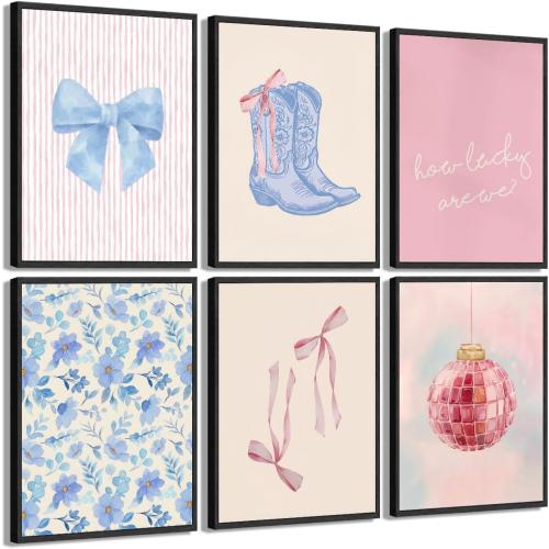 6Pcs Blue Pink Preppy Canvas Wall Art Coquette Room Posters Print Artwork Cute Bow Boot Wall Decor How Lucky Are We Painting Pictures for Girls Room Dorm Bedroom Home Decoration 8x10in Unframed