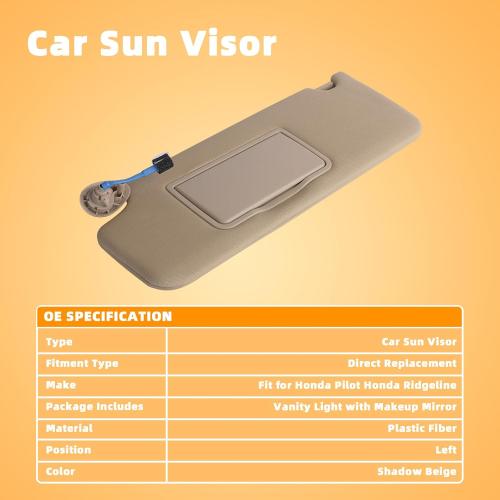 Driver Left Side Sun Visor Compatible with 2017-2021 Honda Pilot 2018-2020 Honda Ridgeline Replacement Sun Shade (Shadow Beige) with Vanity Light/with Makeup Mirror
