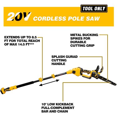Black and Yellow 2-IN-1 Cordless 10-Inch Pole Saw And Chainsaw Compatible with Dewalt 20V MAX* Battery, Total Reach of Max 14.5ft, Electric Pole Saw for Tree Trimming Pruning (Tool Only)