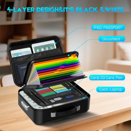 SEEKIND Fireproof Document Box with Lock, Hard-Shell Case File Organizer with Accordion File Folder, Multi-Layer Portable Home Office Travel Safe Box for Important Documents& Valuables (Black)