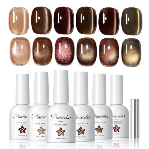 PEACECOLOR Brown Cat Eye Gel Nail Polish Set with Magnet, 6 Colors Dark Brown Magnetic Gel Polish U V Cure Holographic Shimmer Fall Winter Cat Eye Gel for DIY Nail Art