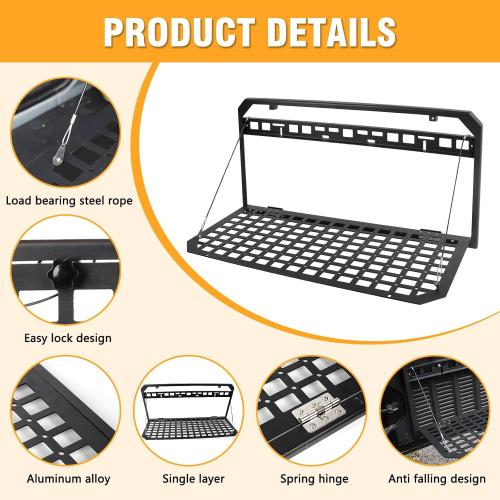 Tailgate Table Storage Rack Compatible with Jeep Wrangler 2007-2018 JK JKU & 2018-2025 JL JLU 4 Doors, Foldable Rear Cargo Shelf MOLLE Panel Camping Desk Organizer(Not fit with Low Speaker JK Models)