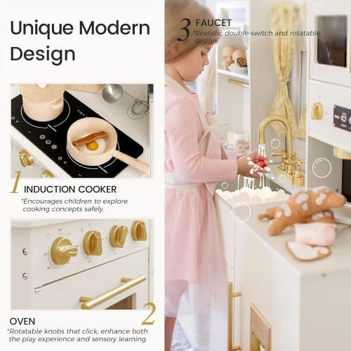 Tiny Land Play Kitchen for Kids, Toy Kitchen Set with Plenty of Play Features, New Modern Kids Wooden Play Kitchen Designed in Trendy Home Style with Curtains, Gift for Ages 3