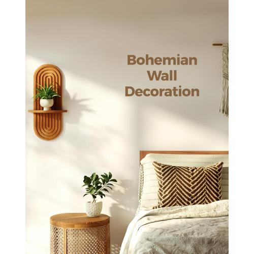Bamworld Boho Wall Decor Brown Plant Wall Shelf, Mid Century Modern Decor Hanging Plant Shelf, 1-Tier Bamboo Floating Shelves for Home Bathroom Bedroom Living Room Holding Planter Decoration Brown