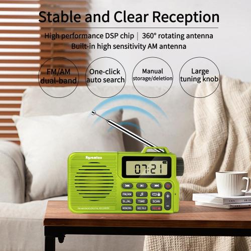 (Yellow Green) Portable AM/FM Radio, Digital Radio Recorder, Bluetooth 5.0 Speaker, Alarm & Sleep Function, 12/24H Time Display
