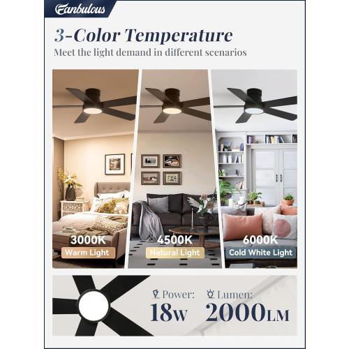 Fanbulous 42 Inch Ceiling Fans with Lights and Remote,Outdoor Indoor Modern Flush Mount Ceiling Fan with 3CCT 6-Speed Quiet DC Motor,Black Small Low Profile Ceiling Fan for Bedroom Living Room Office