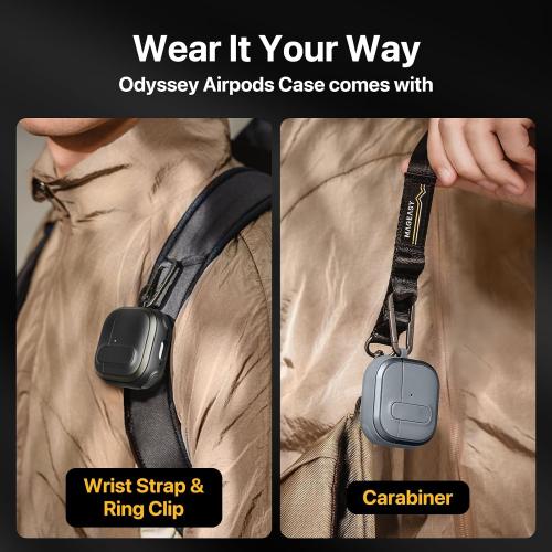 MAGEASY Odyssey AirPods 4 Case Cover (Color: Sand-Brown) Rugged with Secure Lock, Carabiner Clip for Drop Protection, Wireless Charging Compatible Apple AirPod 4th Generation