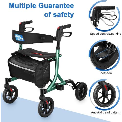 WALK MATE Rollator Walker for Seniors with Cup Holder, Upgraded Thumb Press Button for Height Adjustment, 4 x 8 Wheels Walker with Seat Padded Backrest Folding Lightweight Walking Aid, Green