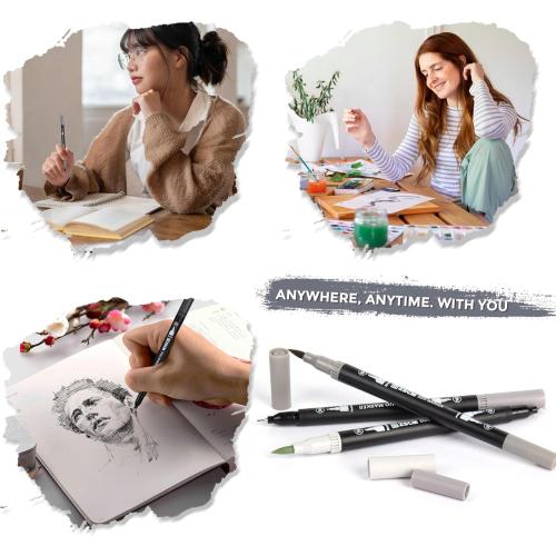 Gray Duo Tip Marker Pens, 12 Pack Fine & Brush Markers for Adult Coloring Books No Bleeding, Neutral Gray Markers for Shading, Urban Sketches, Architectural Drawings and Realistic Textures