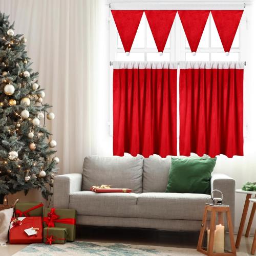 Christmas Kitchen Curtains Valances Set 3pcs Red Kitchen Window Curtains Valances Santa Hats Short Window Drapes Rod Pocket Cafe Tier Curtain Panels for Bathroom Home Living Room Xmas Decorations
