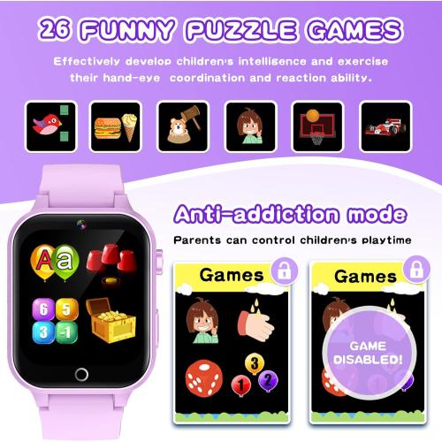 Cosjoype Kids Smart Watch Girls Age 5-12, 26 Games High-Resolution Touchscreen with Video Camera Music Player Pedometer Flashlight 12/24 hr Educational Toys Birthday Gifts for Girls Ages 6-12