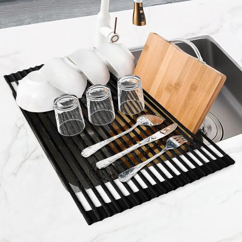 MERRYBOX 20.5 x 13 Roll Up Dish Drying Rack Silicone Wrapped Over The Sink Dish Drying Rack Multipurpose Foldable Sink Drying Mat, Heat-Resistant & Anti-Rust Dish Rack for Kitchen Sink, Large, Black