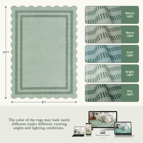 Washable 8x10 Rugs for Living Room Bedroom, Non-Slip Sage Green Indoor Carpet for Dining Room Office, Ultra Thin Scalloped Soft Carpets for Kids Nursery Playroom